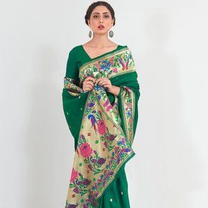 JHEAPS LEAF GREEN SOFT SILK PAITHANI FESTIVE WEAR FLORAL SAREE